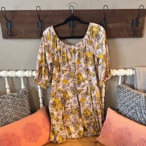 Women’s Floral Puff-Sleeve Tunic Dress in Yellow and Cream NWT